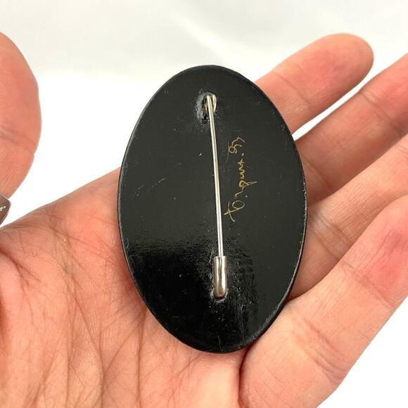 VTG Brooch Russian Lacquer Flower Brooch Hand Painted Signed - Picture 8 of 9